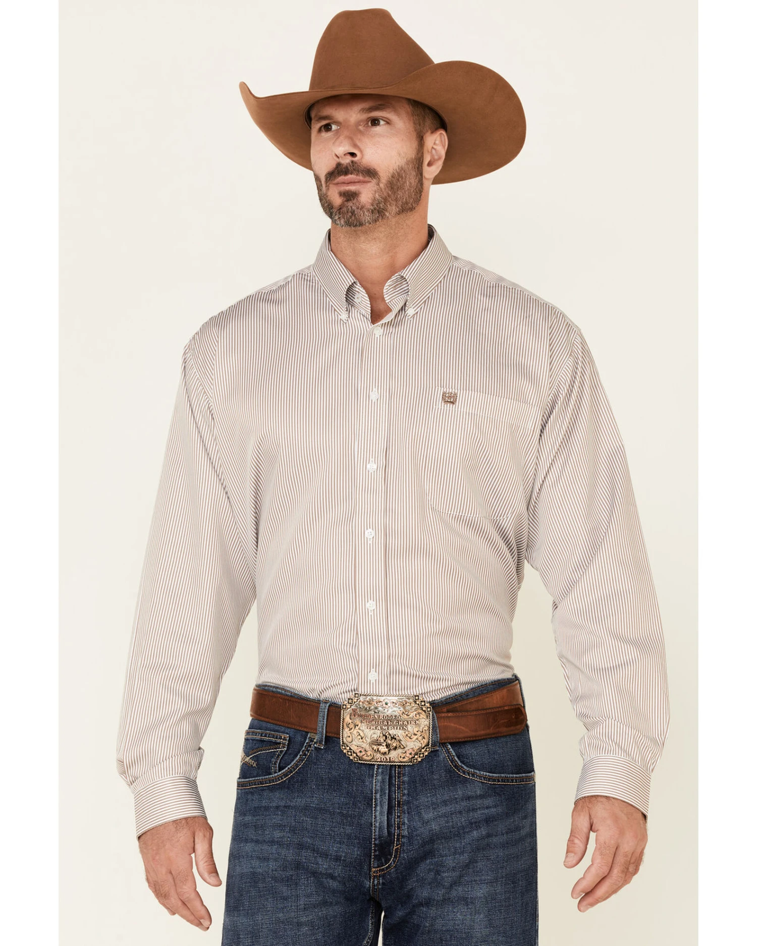 Cinch Men's Beige Tencel Stripe Long Sleeve Button-Down Western ShirtÂ