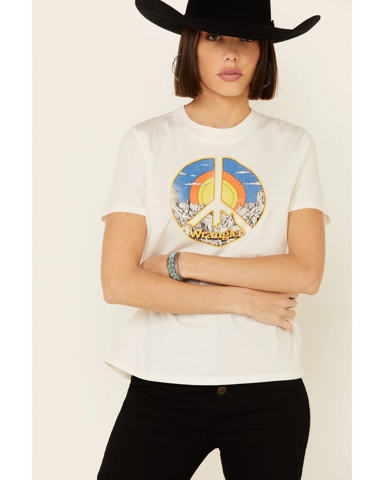 Wrangler Modern Women's Vintage Peace Sign Logo Graphic TeeĀ - Image 3