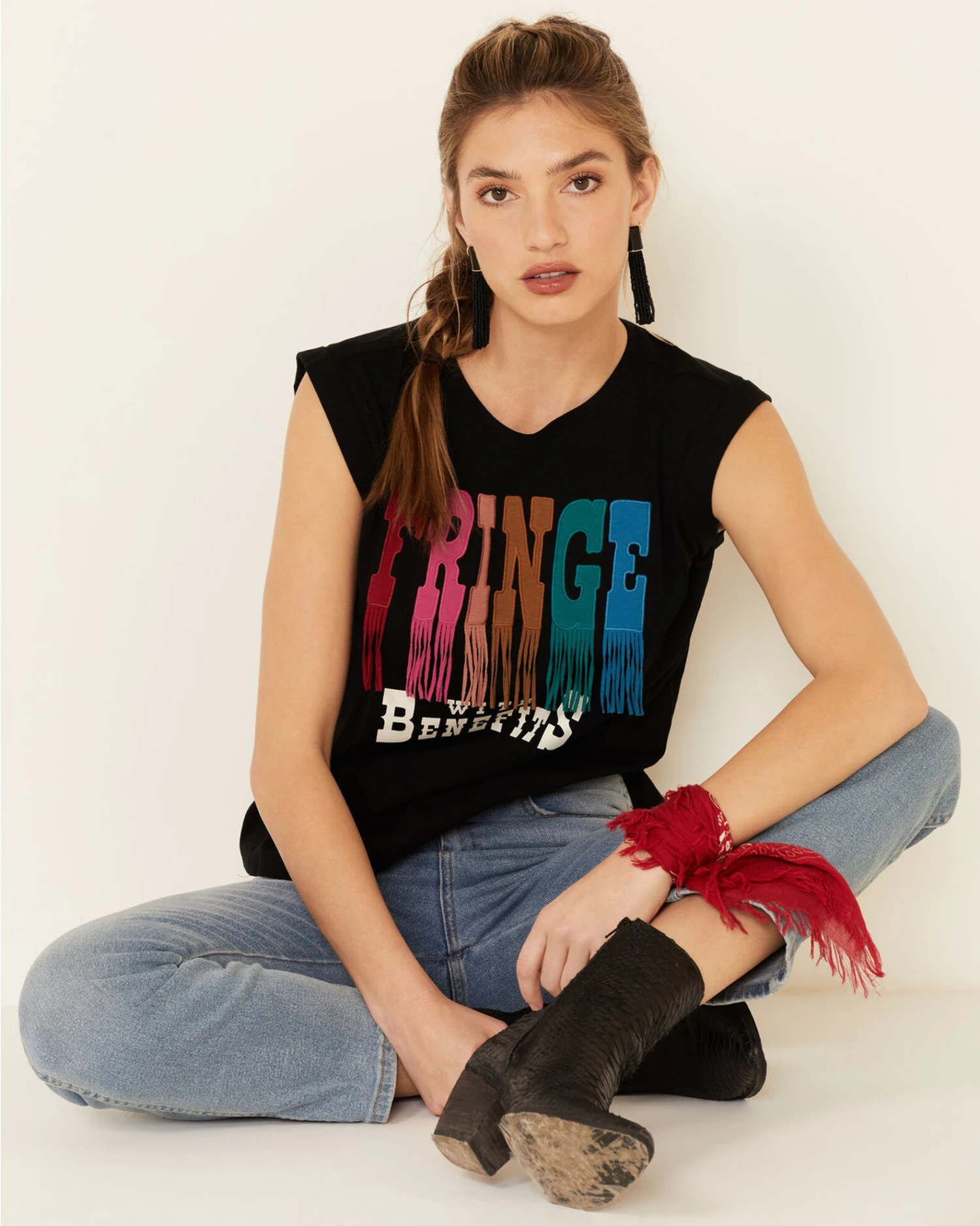 Shyanne Women's Fringe With Benefits Graphic Muscle Tee