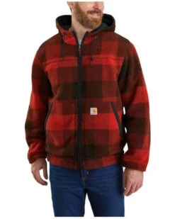 Carhartt Men's Plaid Print Reversible Zip-Front Rain Defender Fleece Work Jacket 