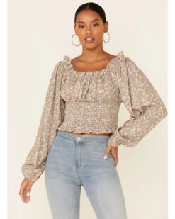 Beyond The Radar Women's Ditsy Smocked Long Sleeve Peasant Crop TopĀ