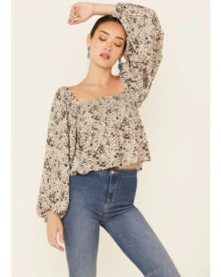 By Together Women's Floral Print Smocked Long Sleeve Crop TopĀ