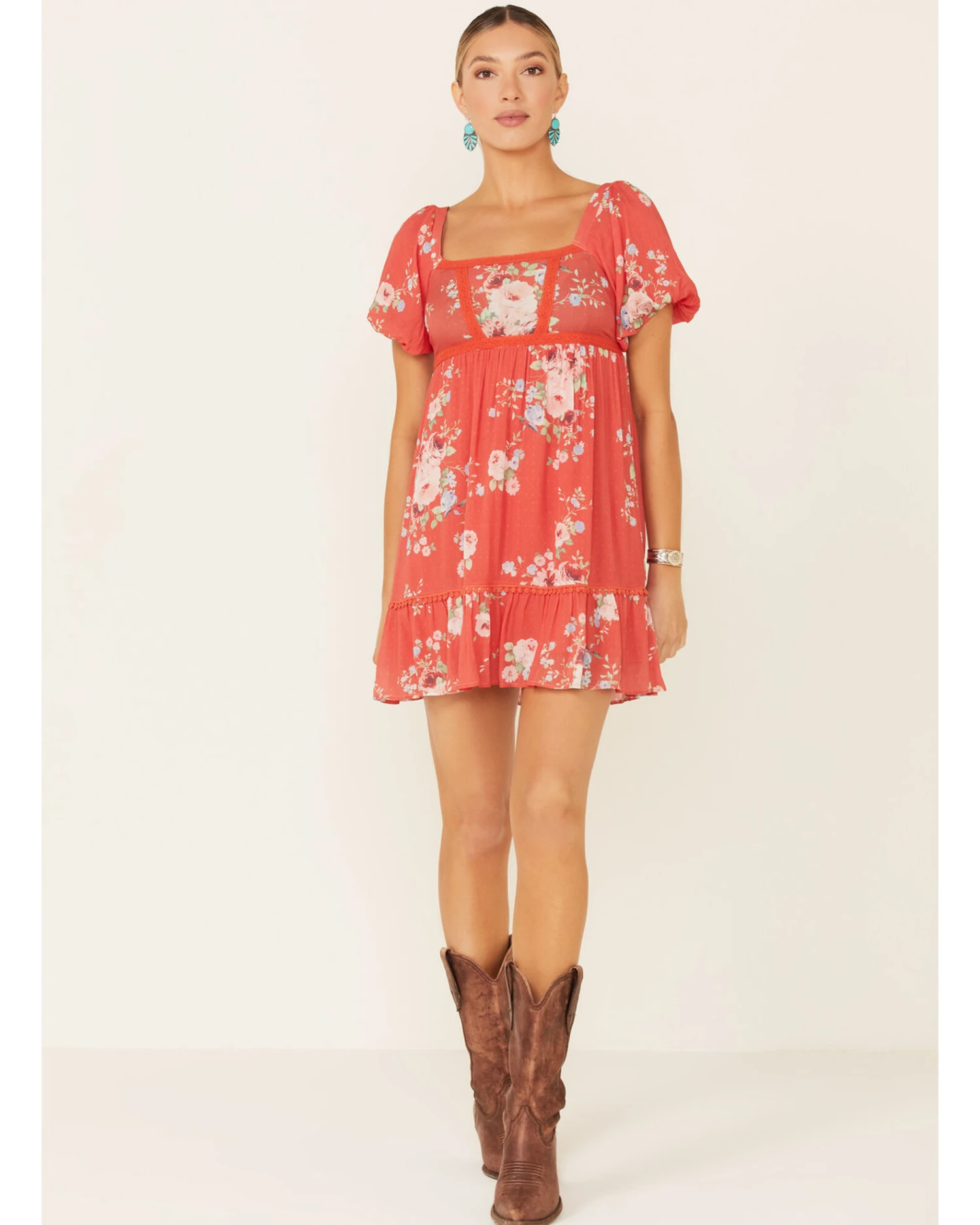 A Collective Story Women's Coral Floral Peasant Tiered Dress - Image 2