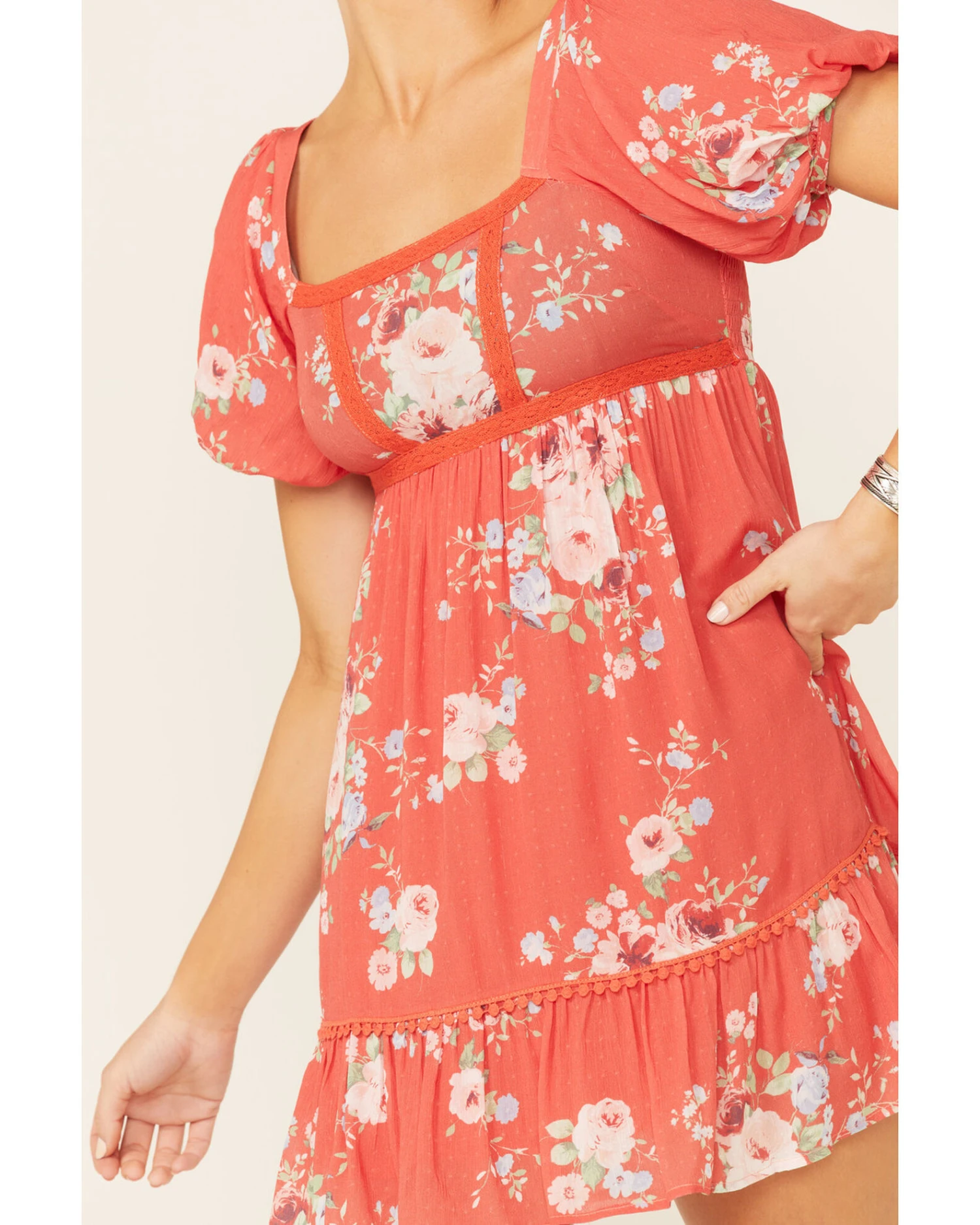 A Collective Story Women's Coral Floral Peasant Tiered Dress - Image 3