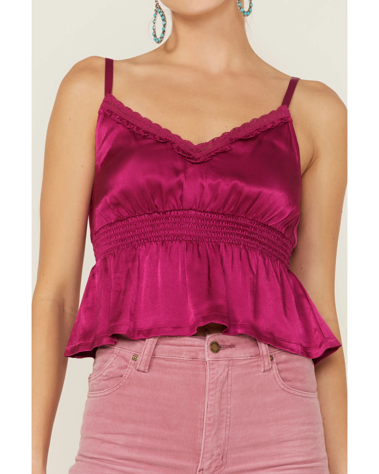 Shyanne Women's Fuchsia Satin Smocked Empire Cami - Image 2