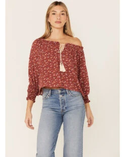 Wild Moss Women's Rust Floral PeasantĀ Top