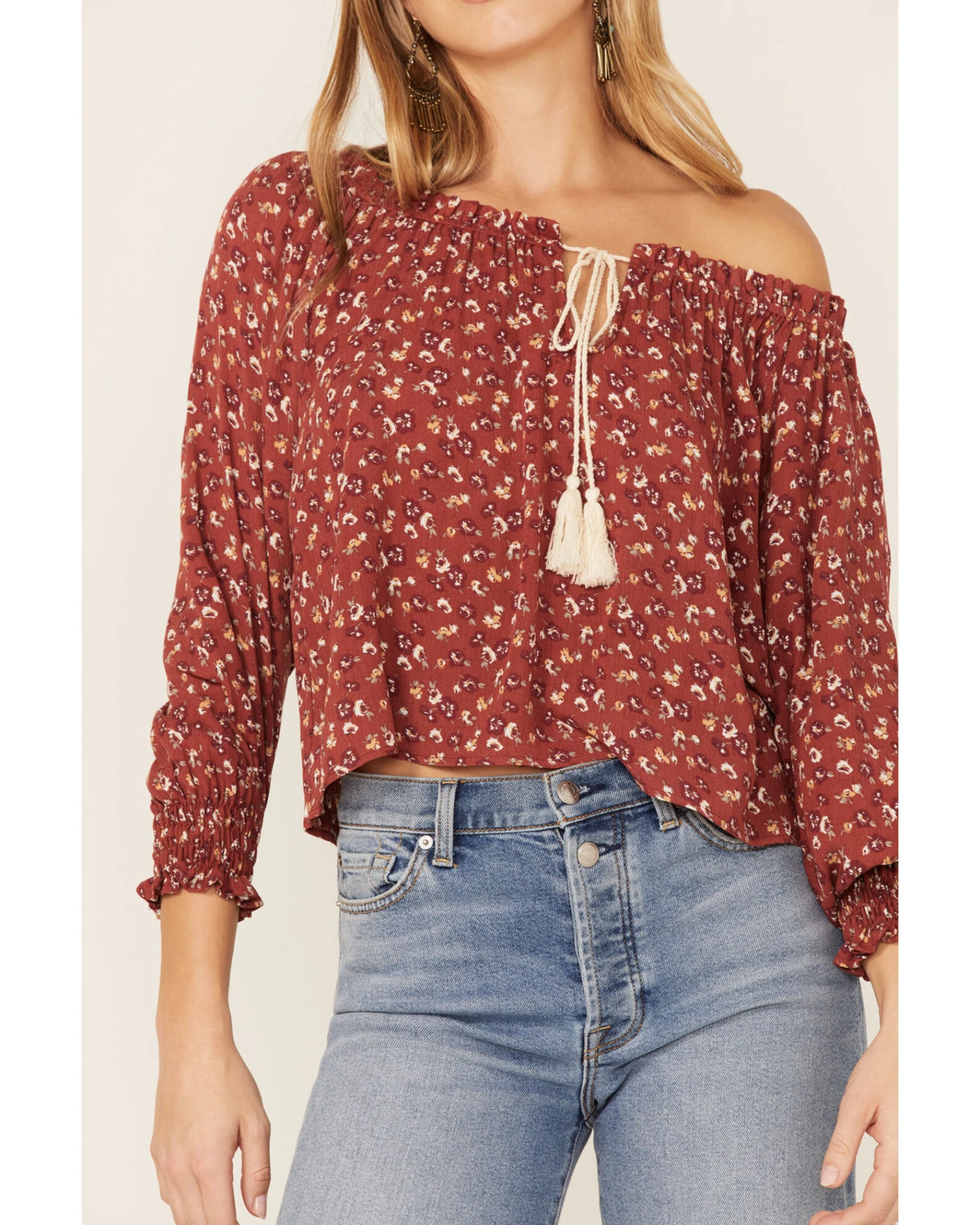 Wild Moss Women's Rust Floral Peasant Top - Image 2