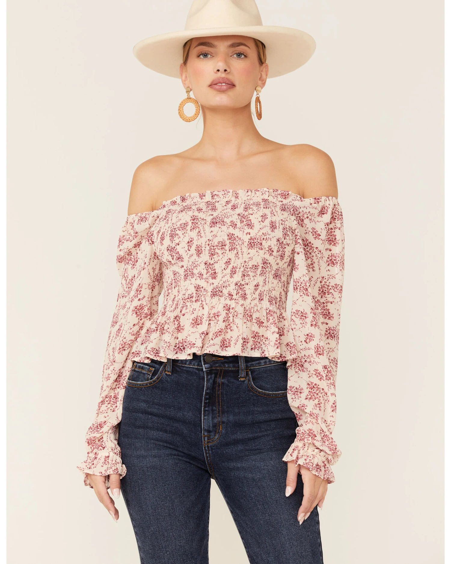 Beyond The Radar Women's Floral White Smocked Chiffon Off Shoulder Top