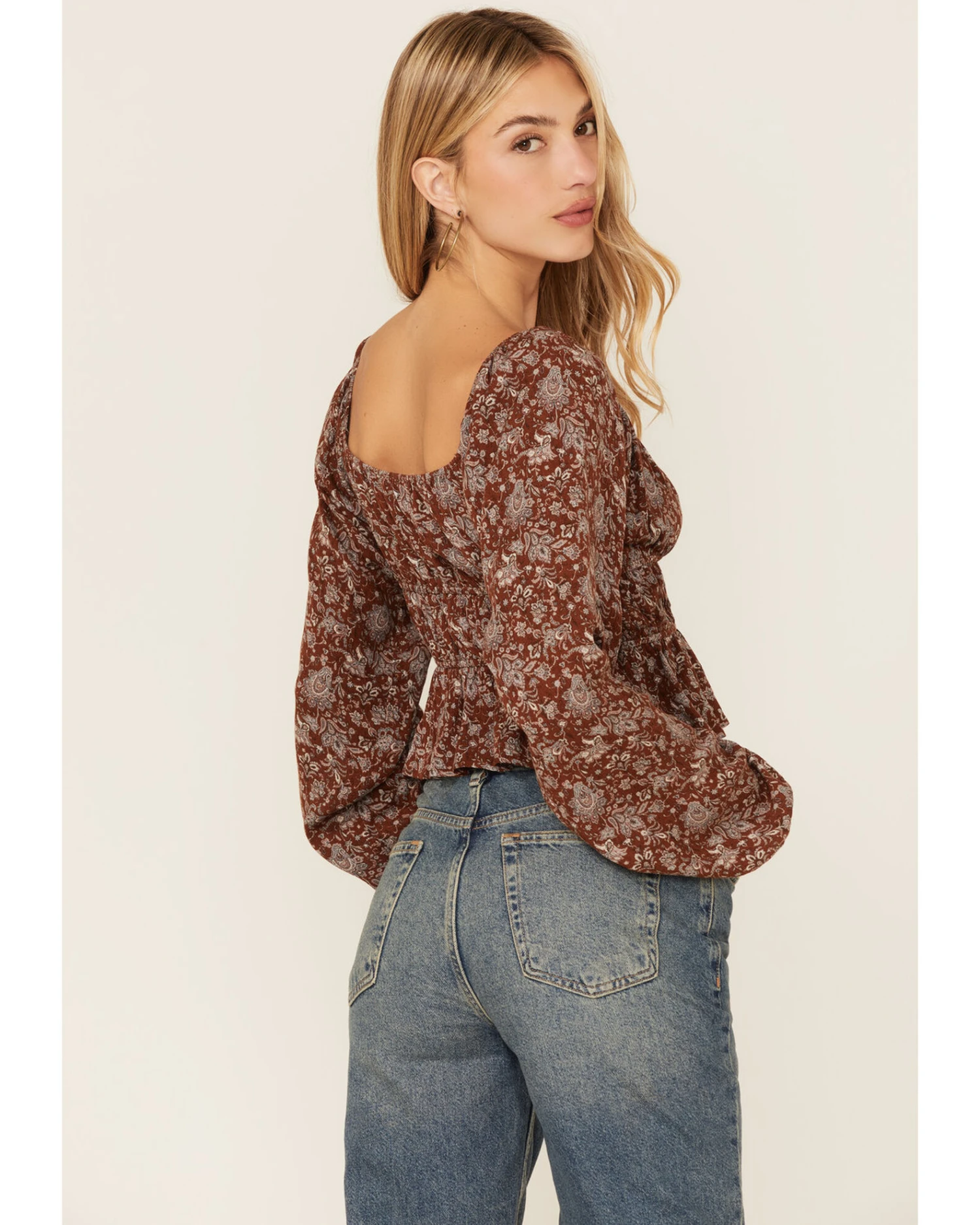 Wild Moss Long Sleeve Tie Front Ranched Floral Top - Image 3
