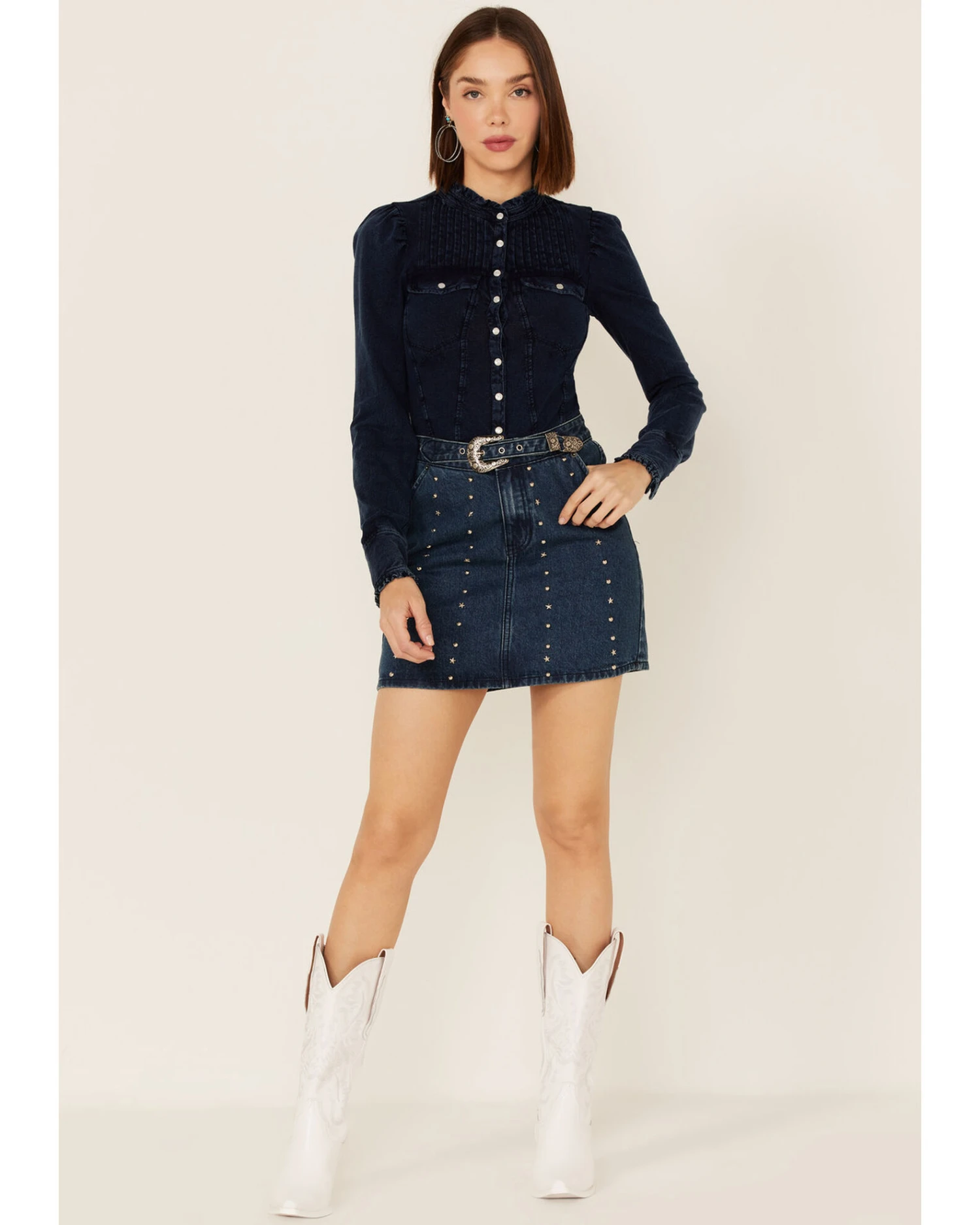 Rock & Roll Denim Women's Dark Wash Studded Belted Western Denim Mini Skirt - Image 2