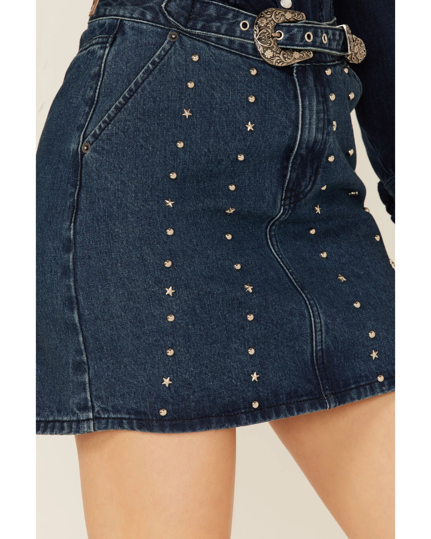 Rock & Roll Denim Women's Dark Wash Studded Belted Western Denim Mini Skirt - Image 3