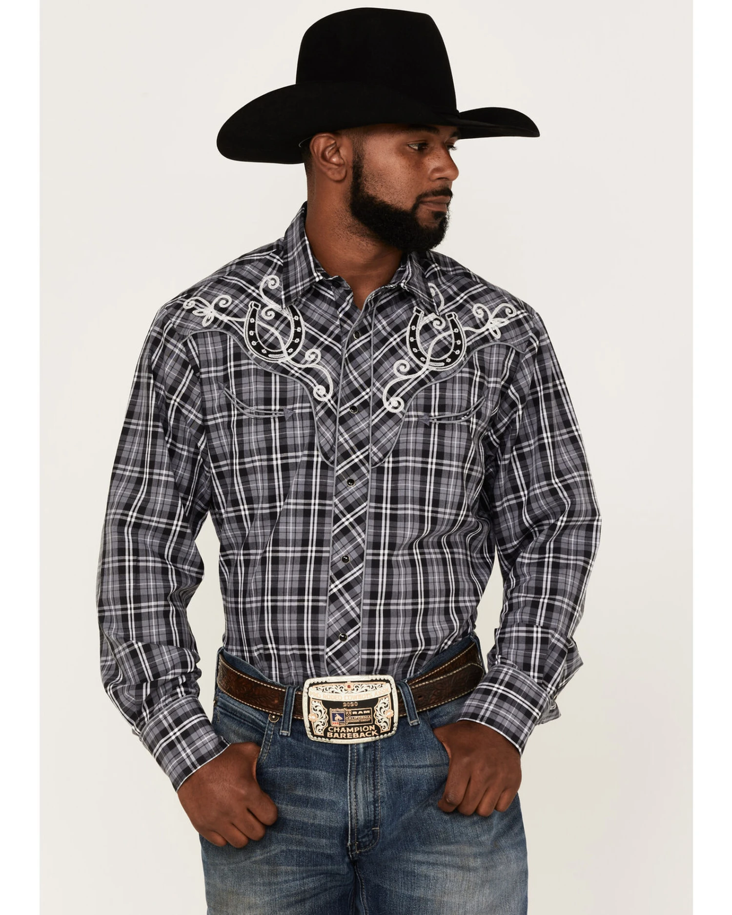 Roper Men's Embroidered Horseshoe Large Plaid Long Sleeve Snap Western Shirt