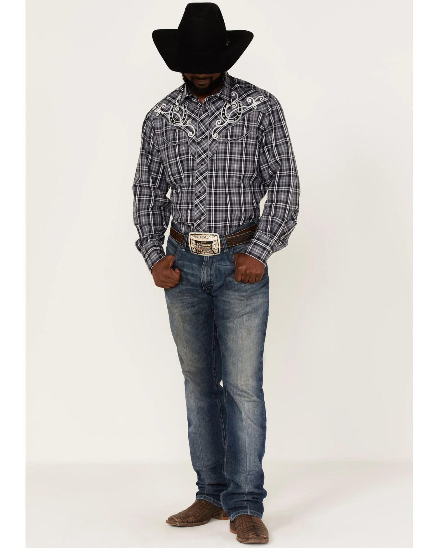Roper Men's Embroidered Horseshoe Large Plaid Long Sleeve Snap Western Shirt - Image 2