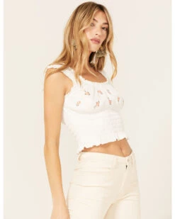 Jolt Women's Floral Embroidered Smocked TankĀ Top