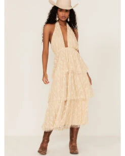 Flying Tomato Women's Floral Lace Halter Tiered MidiĀ Dress