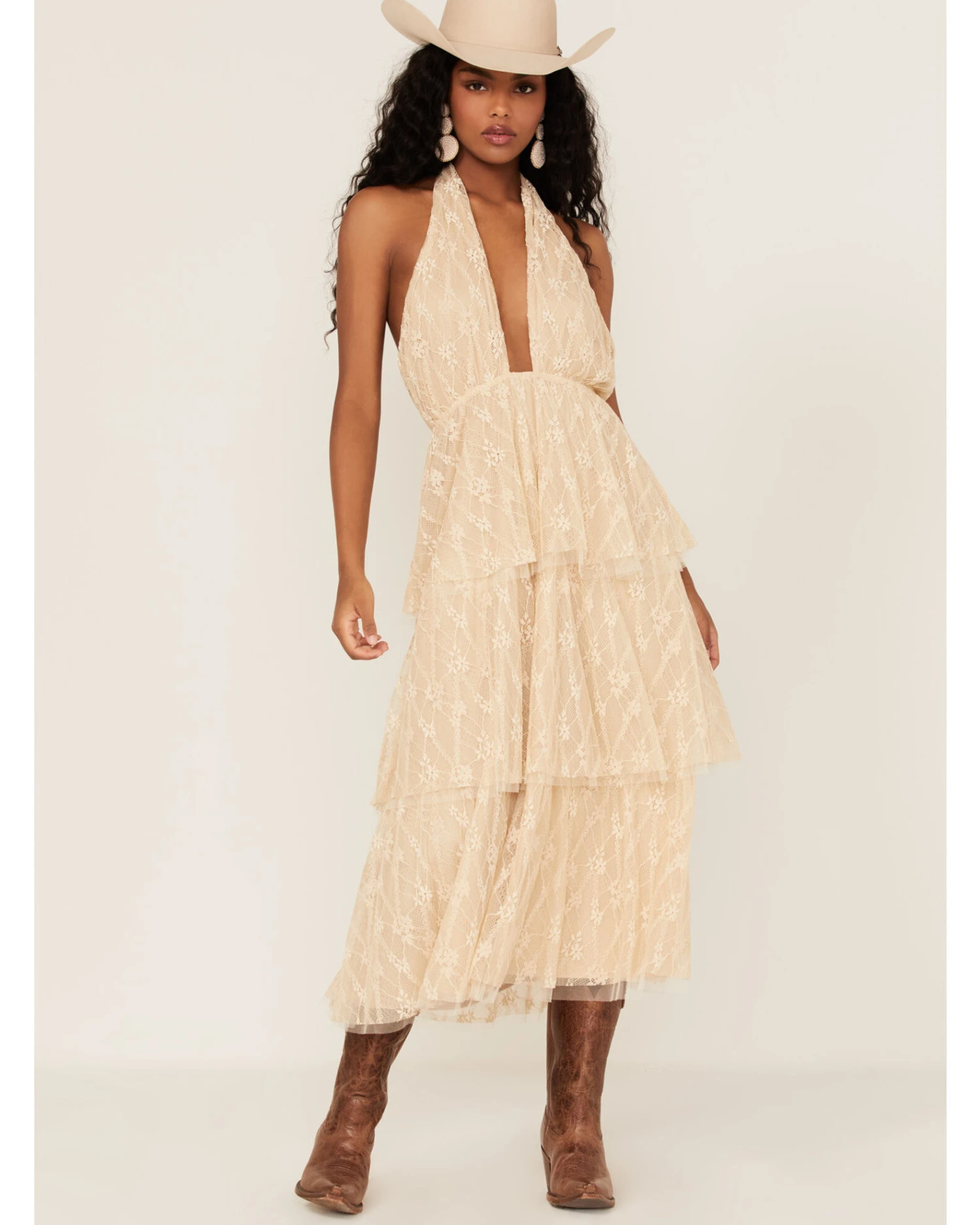 Flying Tomato Women's Floral Lace Halter Tiered Midi Dress