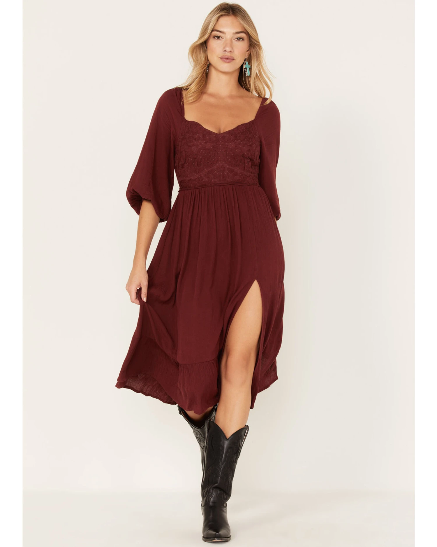 Shyanne Women's Embroidered Mesh Dot Poet Sleeve Midi Dress