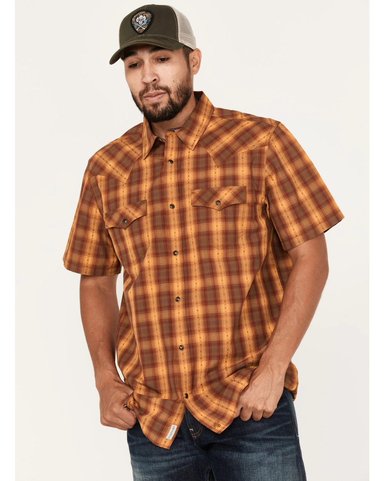 Moonshine Spirit Men's Sunset Stroll Plaid Print Short Sleeve Snap Western ShirtÂ
