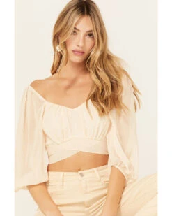 Beyond The Radar Women's Sheer Dot Puff Sleeve CropĀ Top