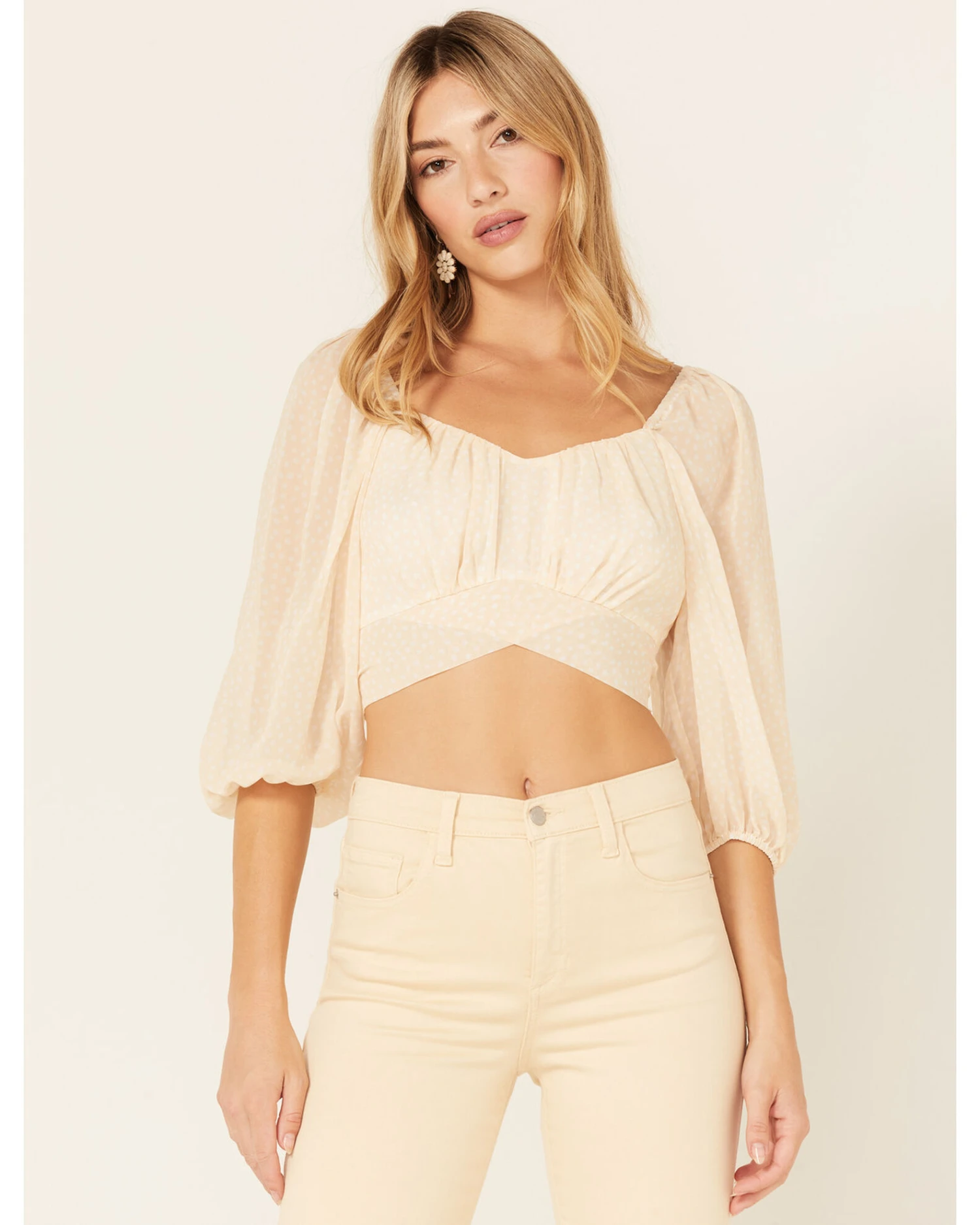 Beyond The Radar Women's Sheer Dot Puff Sleeve Crop Top - Image 2