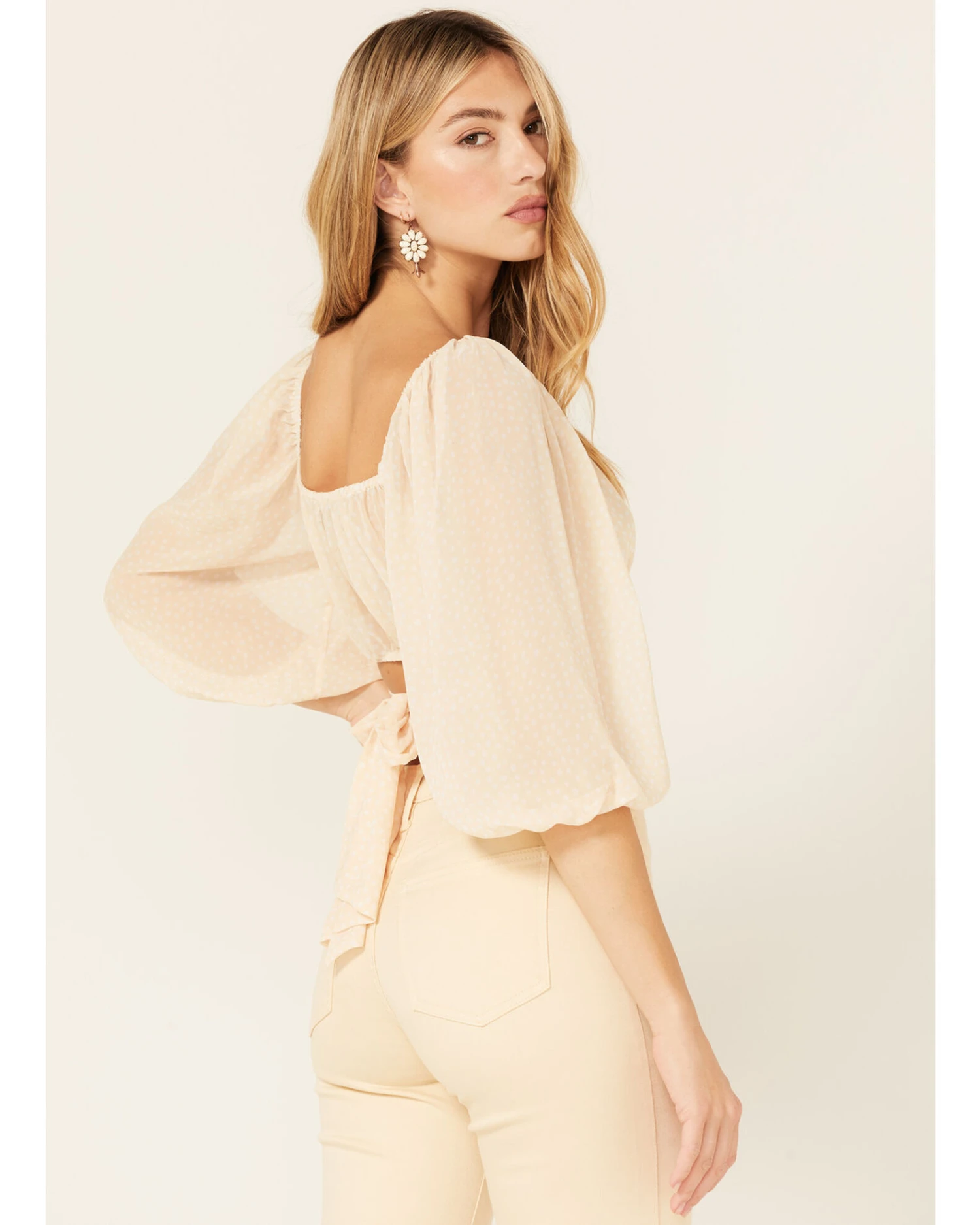 Beyond The Radar Women's Sheer Dot Puff Sleeve Crop Top - Image 4