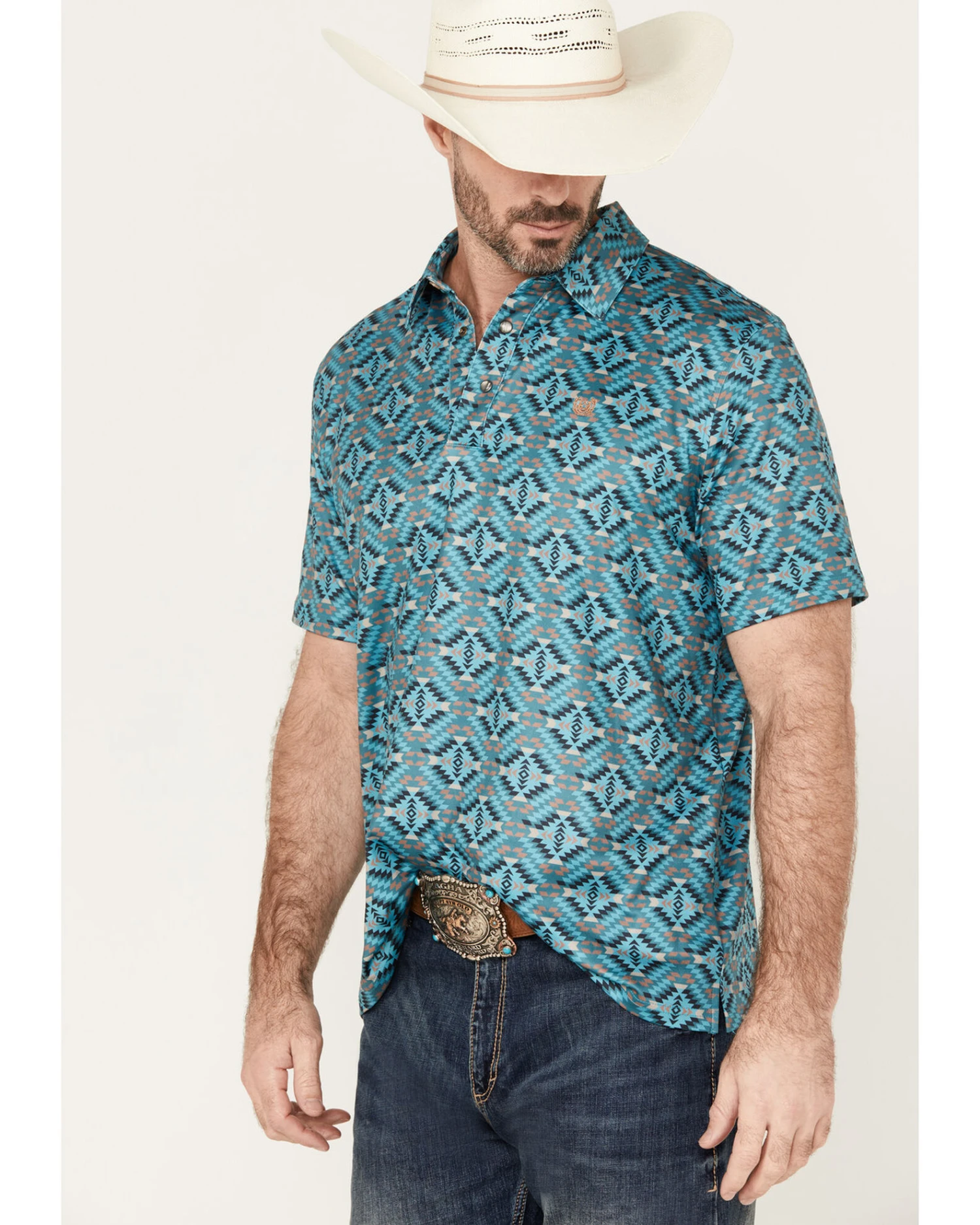 Panhandle Men's Southwestern Short Sleeve Pearl Snap Polo - Image 2