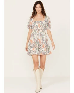 Flying Tomato Women's Floral Smocked Short Sleeve Mini Dress